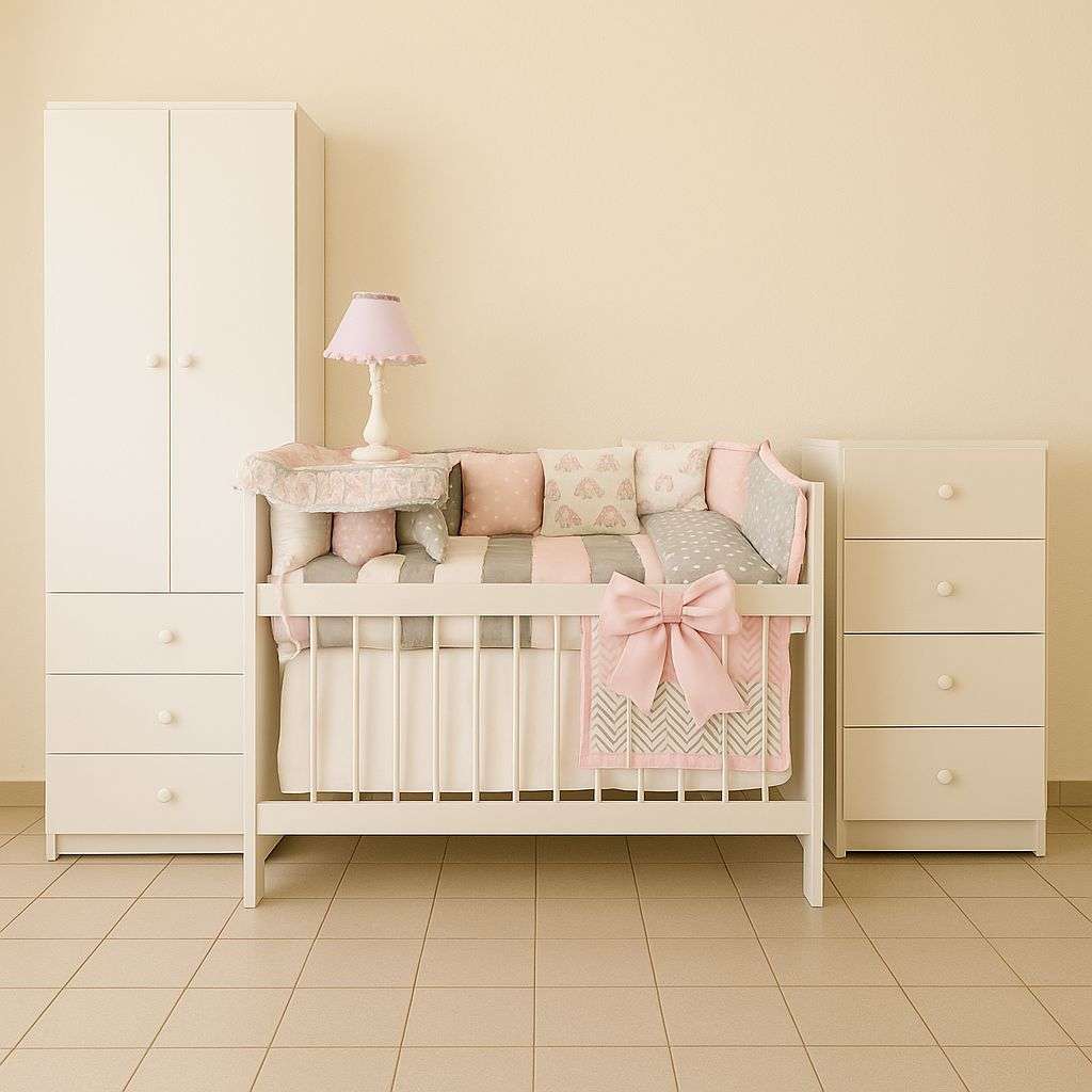 Combo Dormi Colecho MEGAPLUS : Cuna Colecho “Lola” + Ropero + Chiffonier + Colchon + Acolchado Chichonera