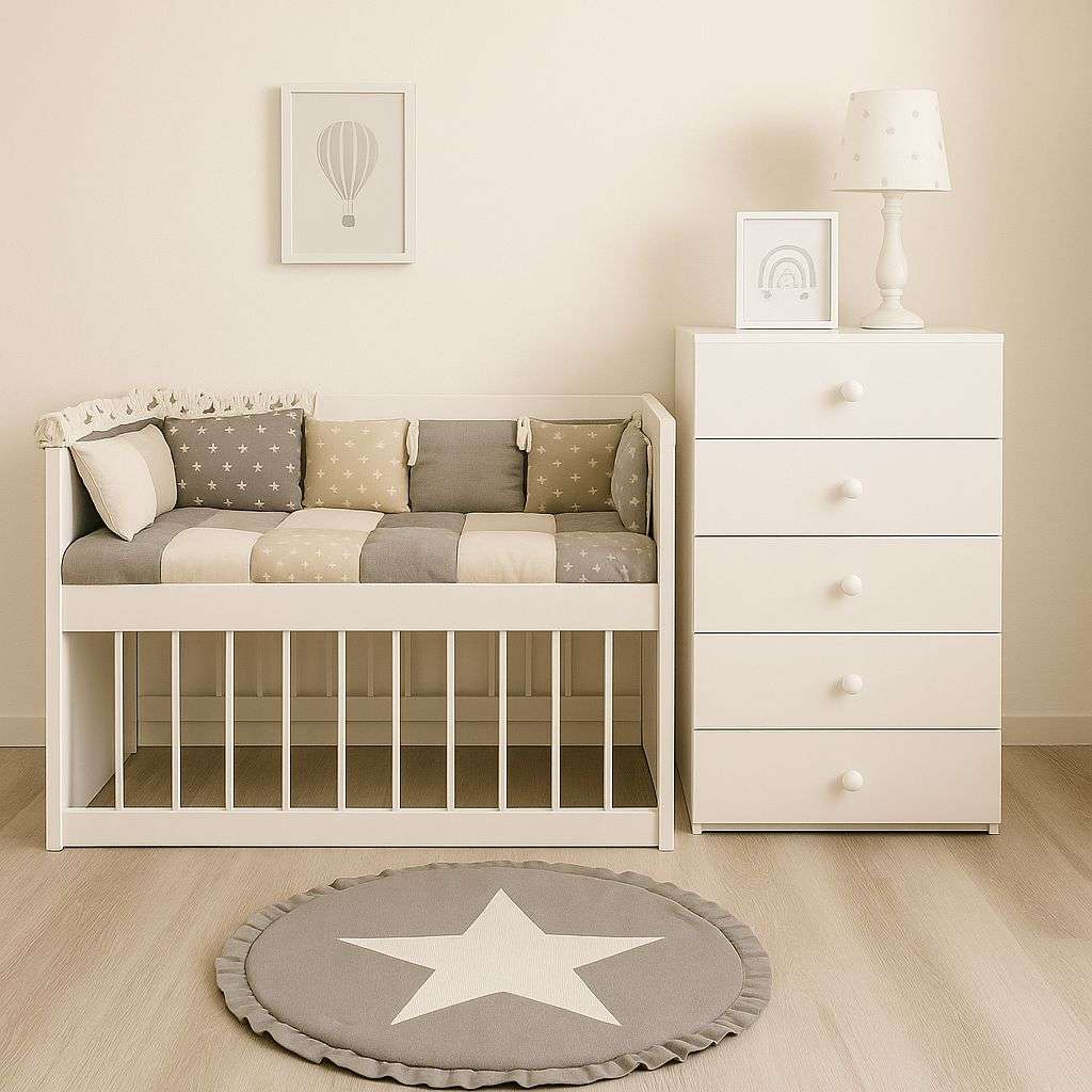 Combo Colecho Lola: Cuna Colecho “Lola” + Chiffonier + Colchon + Acolchado Chichonera Almohadon y Banderines