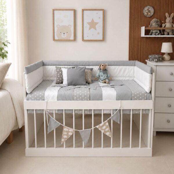 Cuna Evolutiva Colecho “Lola” 4 en 1 + Colchon + Acolchado + Chichonera + Almohadon + Banderines