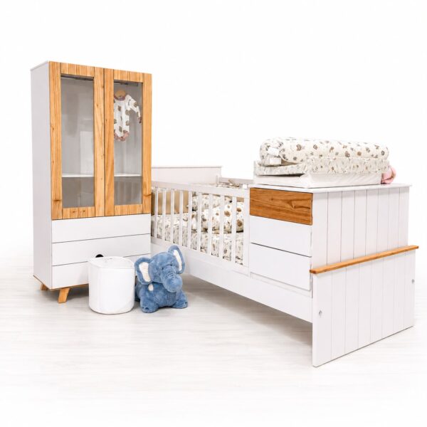 DORMITORIO NINNA: Cuna Funcional + Ropero + Colchon + Acolchado + Chichonera