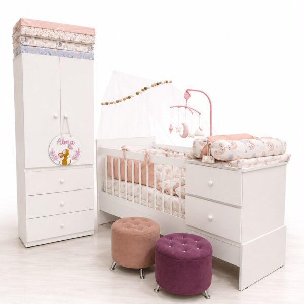 Dormitorio Completo “Clasico” PLUS Cuna funcional + Ropero + Colchon + Acolchado + Chichonera