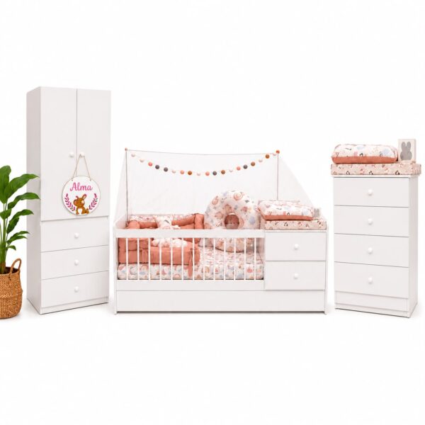 Dormitorio Completo “Clasico” MEGA PLUS: Cuna funcional + Ropero + Chiffonier + Colchon + Acolchado + Chichonera + Cambiador semirrigido + Cuadrito deco + Velador.